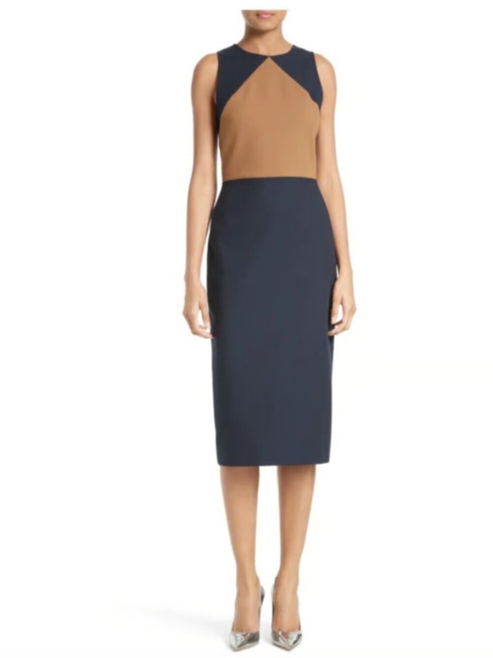 Diane Von Furstenberg Dress Womens 12 Colorblock Navy Brown Midi Sheath